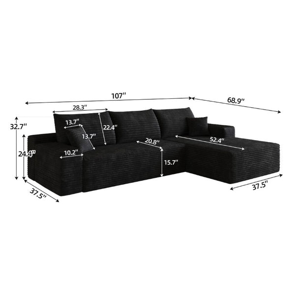 English Elm 107 Inch Modular Cloud Sectional in Plush Corduroy Deep Seat Chaise for Living Rooms W2824S00298