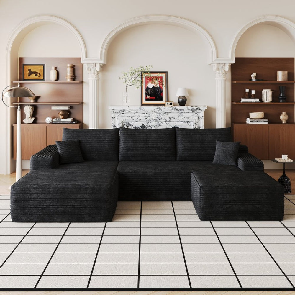 English Elm 107Cloud U Shaped Sectional Sofa Plush Corduroy Deep Seat Modular Living Room Couch Black W2824S00299