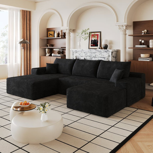 English Elm 107Cloud U Shaped Sectional Sofa Plush Corduroy Deep Seat Modular Living Room Couch Black W2824S00299