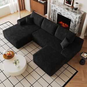 English Elm 107Cloud U Shaped Sectional Sofa Plush Corduroy Deep Seat Modular Living Room Couch Black W2824S00299