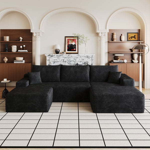 English Elm 107 Inch U-Shaped Cloud Sectional Sofa in Corduroy with Ottoman for Living Rooms Black W2824S00300