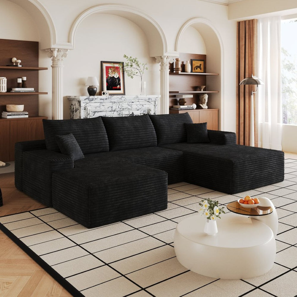 English Elm 107 Inch U-Shaped Cloud Sectional Sofa in Corduroy with Ottoman for Living Rooms Black W2824S00300