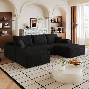 English Elm 107 Inch U-Shaped Cloud Sectional Sofa in Corduroy with Ottoman for Living Rooms Black W2824S00300