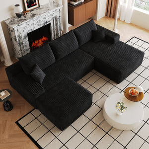 English Elm 107 Inch U-Shaped Cloud Sectional Sofa in Corduroy with Ottoman for Living Rooms Black W2824S00300