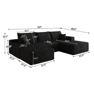 English Elm 107 Inch U-Shaped Cloud Sectional Sofa in Corduroy with Ottoman for Living Rooms Black W2824S00300