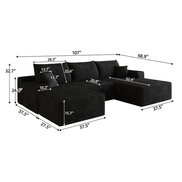 English Elm 107 Inch U-Shaped Cloud Sectional Sofa in Corduroy with Ottoman for Living Rooms Black W2824S00300