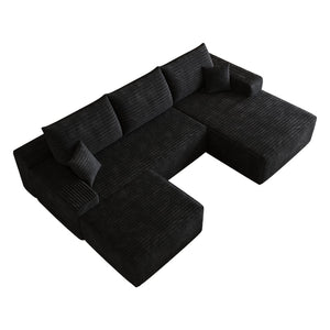 English Elm 107 Inch U-Shaped Cloud Sectional Sofa in Corduroy with Ottoman for Living Rooms Black W2824S00300