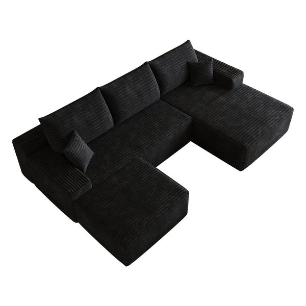 English Elm 107 Inch U-Shaped Cloud Sectional Sofa in Corduroy with Ottoman for Living Rooms Black W2824S00300
