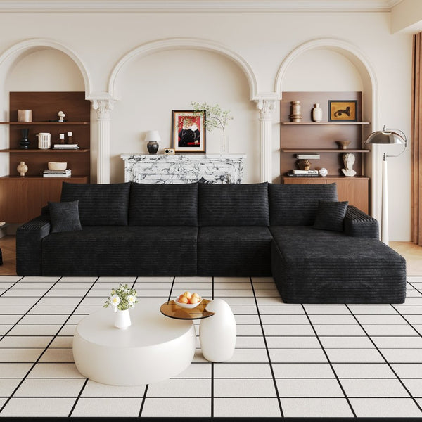 English Elm 135 Inch Modular L-Shape Sectional Sofa Corduroy Plush Deep Seat No Assembly Black W2824S00302