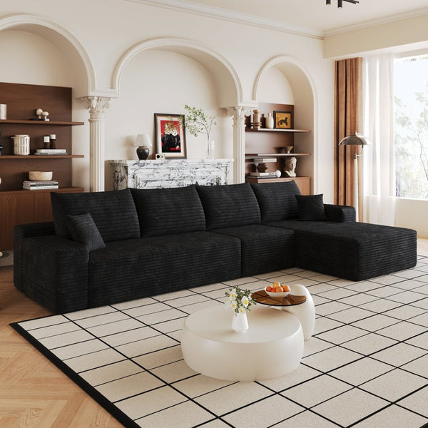 English Elm 135 Inch Modular L-Shape Sectional Sofa Corduroy Plush Deep Seat No Assembly Black W2824S00302