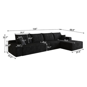 English Elm 135 Inch Modular L-Shape Sectional Sofa Corduroy Plush Deep Seat No Assembly Black W2824S00302