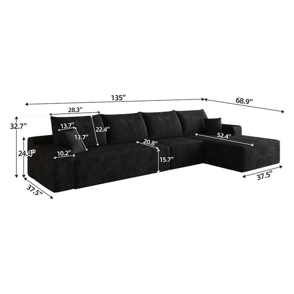 English Elm 135 Inch Modular L-Shape Sectional Sofa Corduroy Plush Deep Seat No Assembly Black W2824S00302