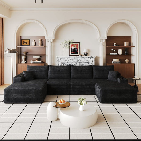 English Elm 135 Inch U Shaped Sectional Sofa with Ottoman Plush Corduroy Deep Seat Modern Lounge W2824S00303