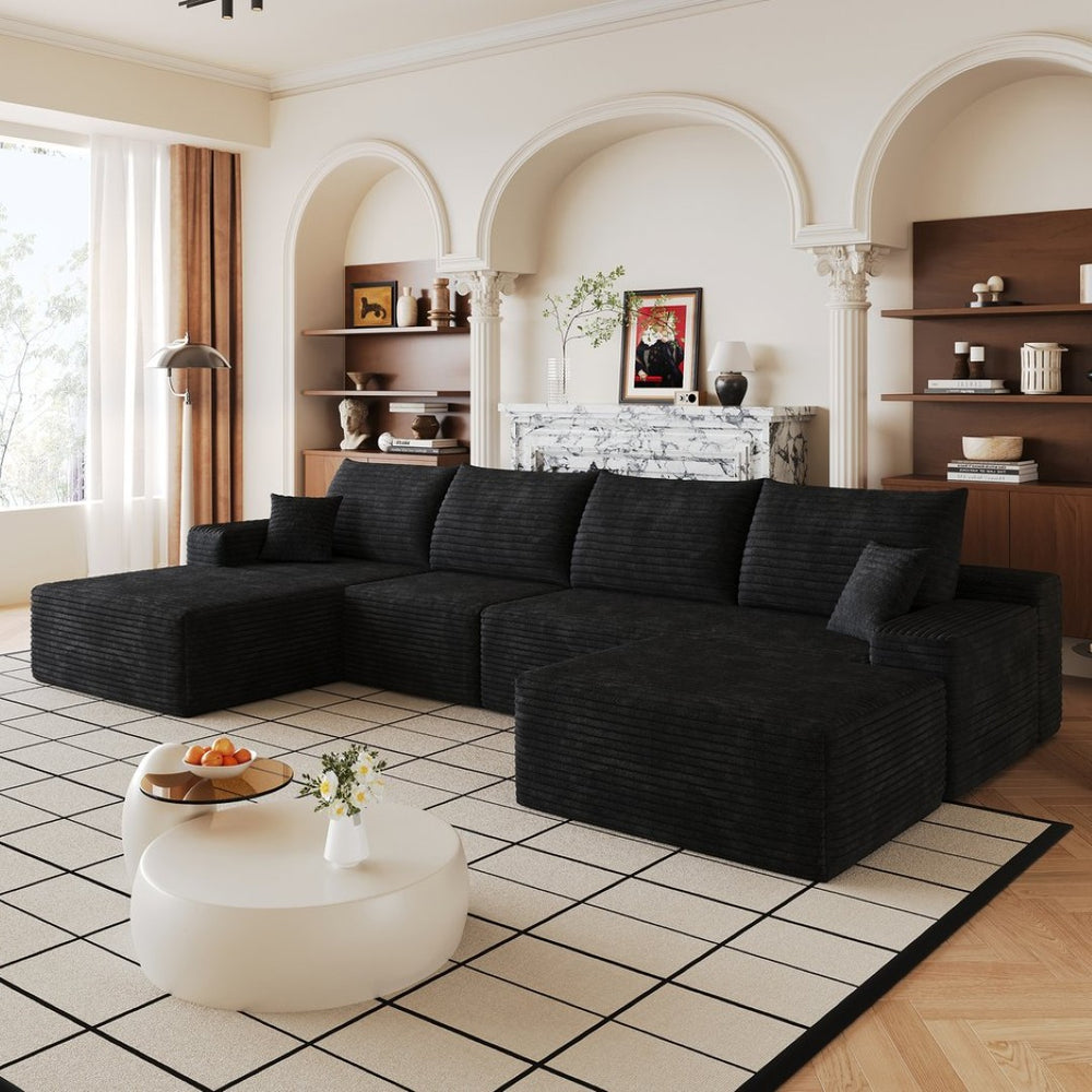 English Elm 135 Inch U Shaped Sectional Sofa with Ottoman Plush Corduroy Deep Seat Modern Lounge W2824S00303