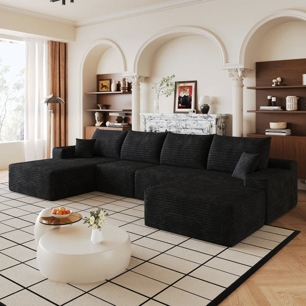 English Elm 135 Inch U Shaped Sectional Sofa with Ottoman Plush Corduroy Deep Seat Modern Lounge W2824S00303