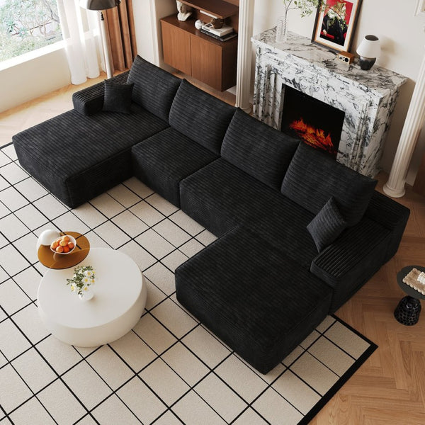 English Elm 135 Inch U Shaped Sectional Sofa with Ottoman Plush Corduroy Deep Seat Modern Lounge W2824S00303