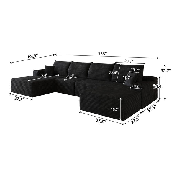 English Elm 135 Inch U Shaped Sectional Sofa with Ottoman Plush Corduroy Deep Seat Modern Lounge W2824S00303