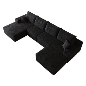 English Elm 135 Inch U Shaped Sectional Sofa with Ottoman Plush Corduroy Deep Seat Modern Lounge W2824S00303