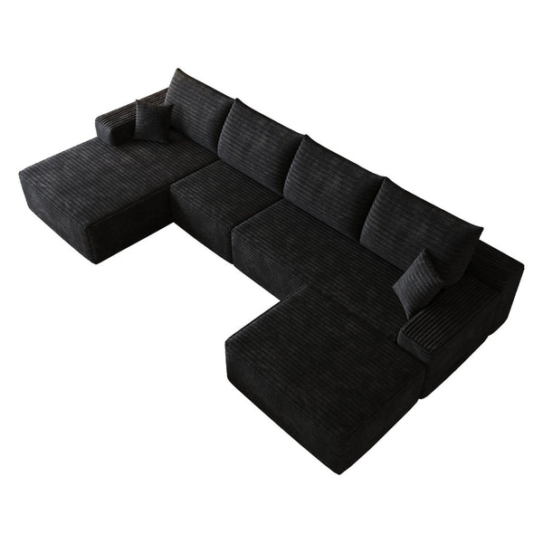 English Elm 135 Inch U Shaped Sectional Sofa with Ottoman Plush Corduroy Deep Seat Modern Lounge W2824S00303