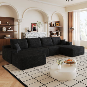 English Elm 135 Inch Corduroy U Shaped Sectional Sofa with Ottoman No Assembly Deep Cloud Seat W2824S00304
