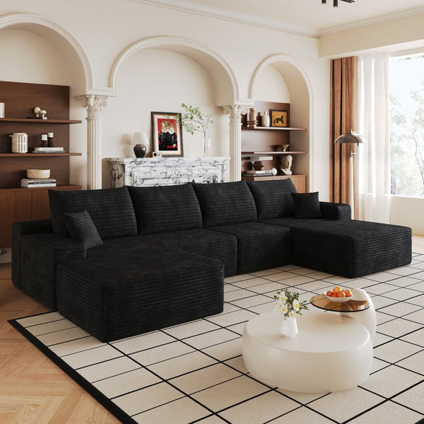 English Elm 135 Inch Corduroy U Shaped Sectional Sofa with Ottoman No Assembly Deep Cloud Seat W2824S00304