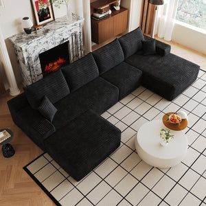 English Elm 135 Inch Corduroy U Shaped Sectional Sofa with Ottoman No Assembly Deep Cloud Seat W2824S00304