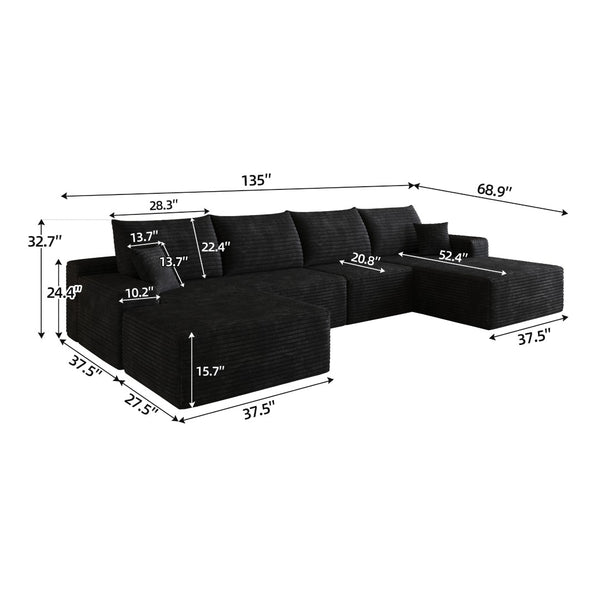 English Elm 135 Inch Corduroy U Shaped Sectional Sofa with Ottoman No Assembly Deep Cloud Seat W2824S00304