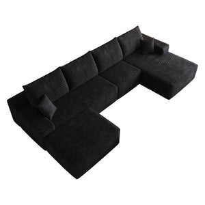 English Elm 135 Inch Corduroy U Shaped Sectional Sofa with Ottoman No Assembly Deep Cloud Seat W2824S00304