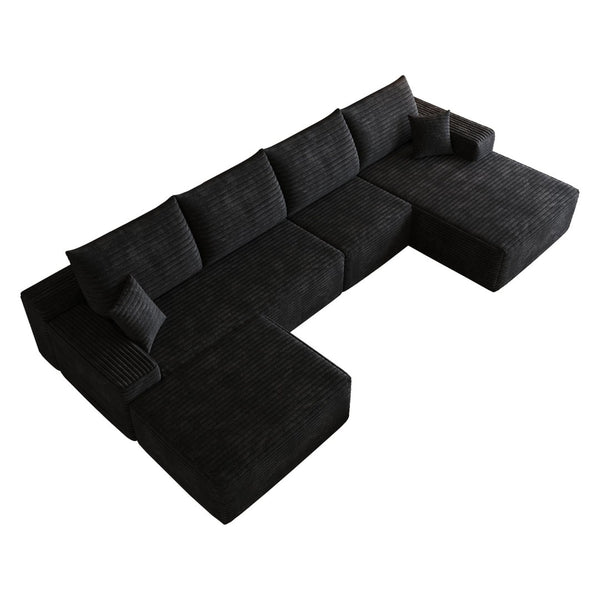 English Elm 135 Inch Corduroy U Shaped Sectional Sofa with Ottoman No Assembly Deep Cloud Seat W2824S00304