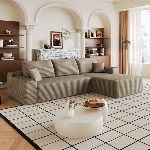 English Elm 107 Inch Cloud Modular Sectional Corduroy Deep Seat Sofa with Reversible L Shaped Chaise Camel W2824S00306