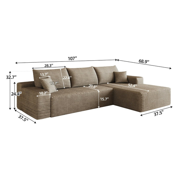 English Elm 107 Inch Cloud Modular Sectional Corduroy Deep Seat Sofa with Reversible L Shaped Chaise Camel W2824S00306
