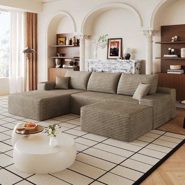 English Elm 107Cloud U Shaped Sectional Sofa Plush Corduroy Deep Seat Modular Living Room Couch Camel W2824S00307