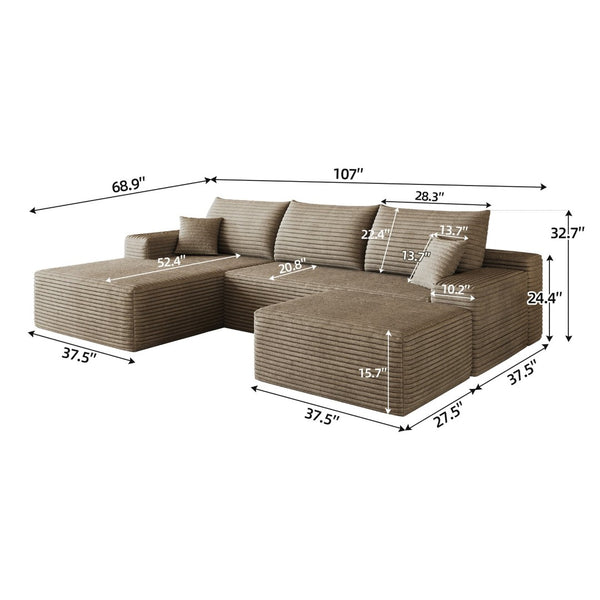 English Elm 107Cloud U Shaped Sectional Sofa Plush Corduroy Deep Seat Modular Living Room Couch Camel W2824S00307