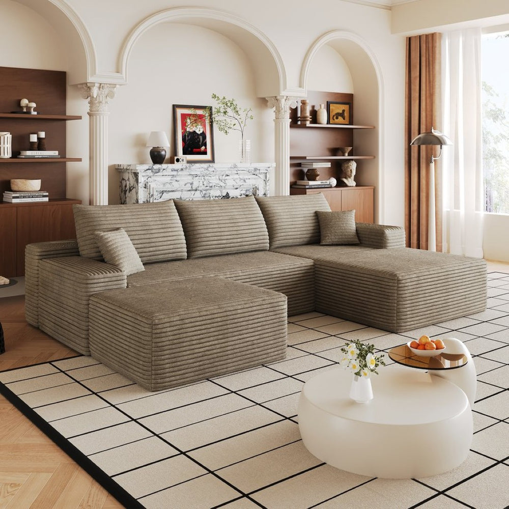 English Elm 107 Inch U Shaped Corduroy Sectional Sofa with Ottoman Deep Seat Cloud Couch Living Room W2824S00308