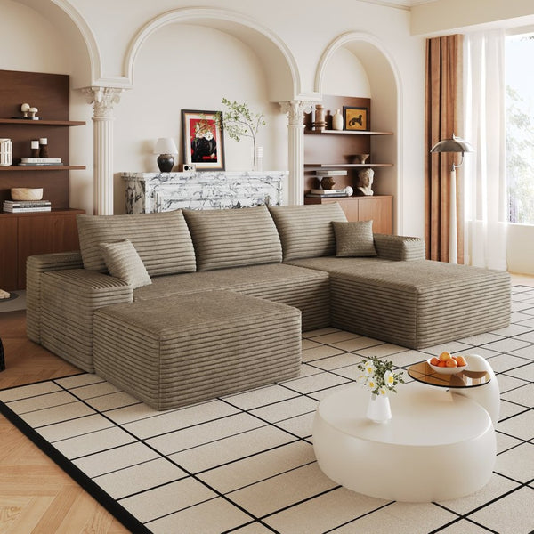 English Elm 107 Inch U Shaped Corduroy Sectional Sofa with Ottoman Deep Seat Cloud Couch Living Room W2824S00308