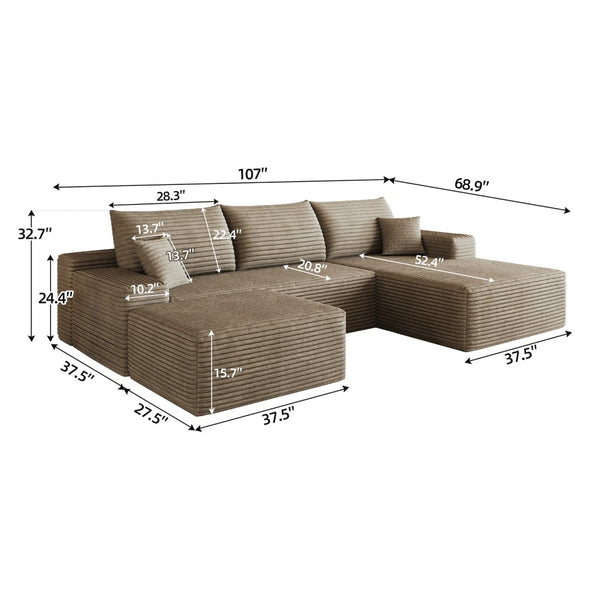 English Elm 107 Inch U Shaped Corduroy Sectional Sofa with Ottoman Deep Seat Cloud Couch Living Room W2824S00308