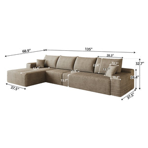 English Elm 135 Inch L-Shape Modular Cloud Sectional Plush Corduroy Deep Seat Sofa for Living Room W2824S00309