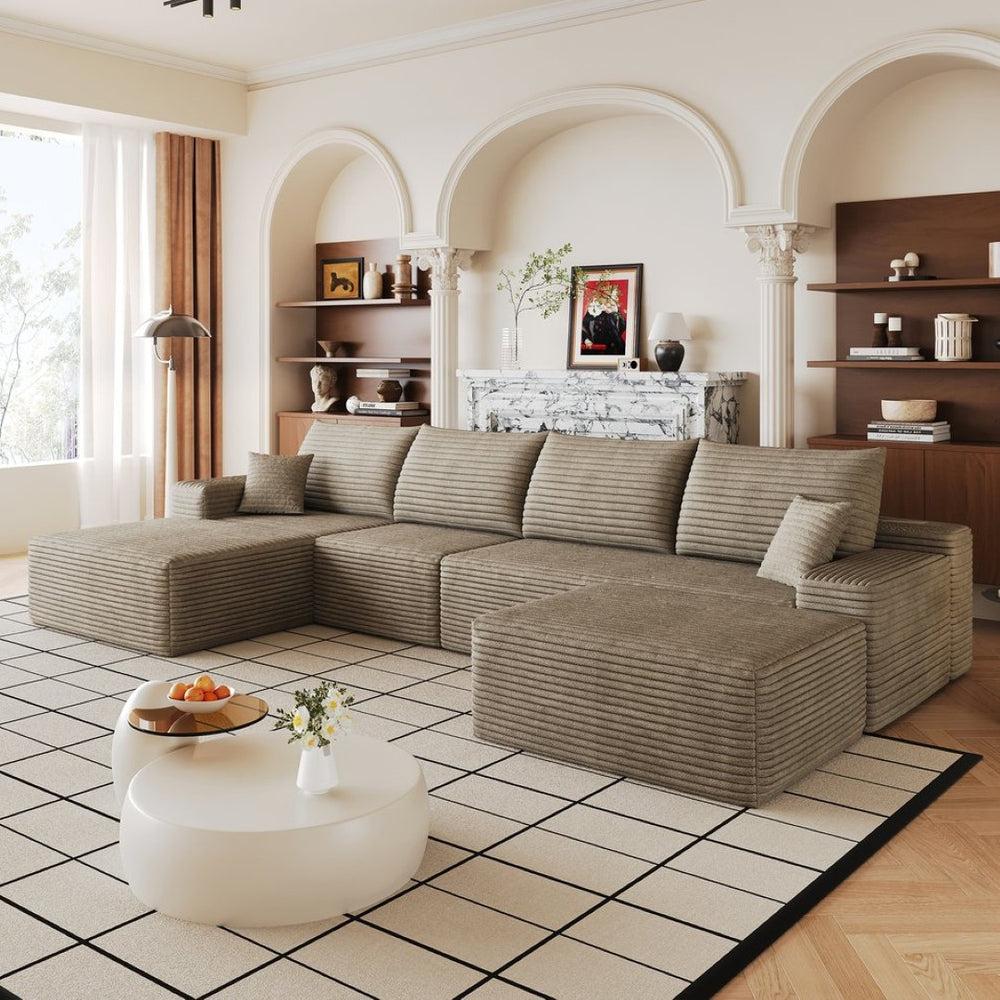 English Elm 135 Inch U Shaped Cloud Sectional Sofa Plush Corduroy Deep Seat Modern Living Room W2824S00311