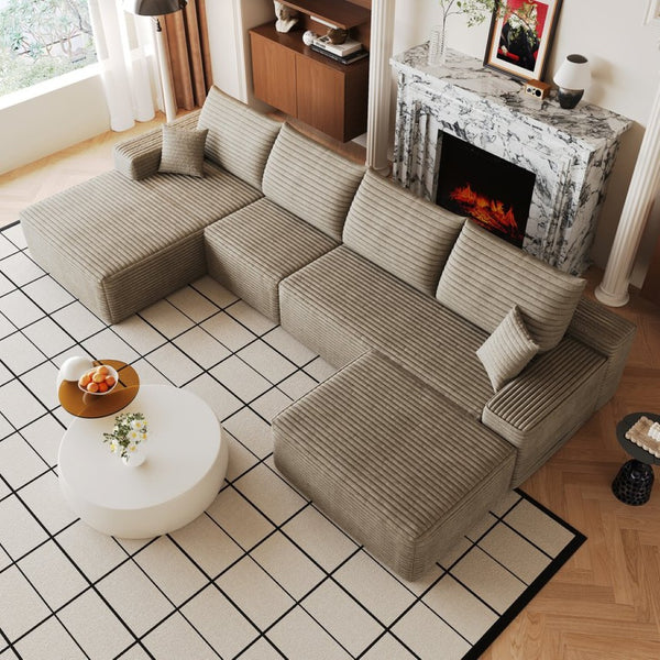 English Elm 135 Inch U Shaped Cloud Sectional Sofa Plush Corduroy Deep Seat Modern Living Room W2824S00311