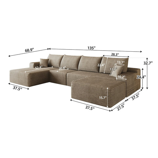 English Elm 135 Inch U Shaped Cloud Sectional Sofa Plush Corduroy Deep Seat Modern Living Room W2824S00311