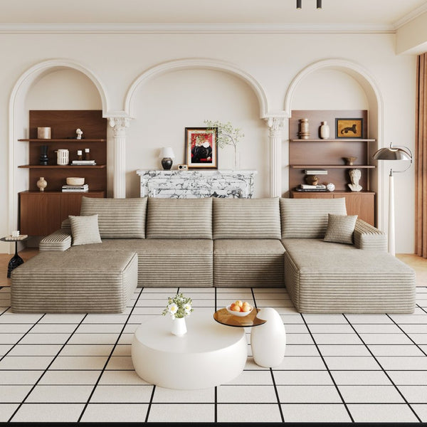 English Elm 135 Inch U Shaped Sectional Sofa with Ottoman Plush Corduroy Deep Seat Living Room W2824S00312