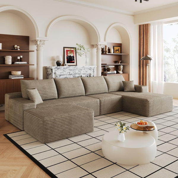 English Elm 135 Inch U Shaped Sectional Sofa with Ottoman Plush Corduroy Deep Seat Living Room W2824S00312
