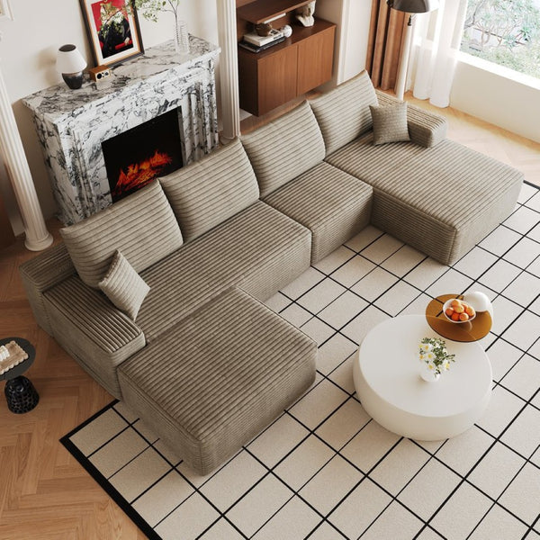 English Elm 135 Inch U Shaped Sectional Sofa with Ottoman Plush Corduroy Deep Seat Living Room W2824S00312