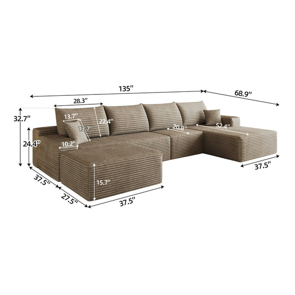 English Elm 135 Inch U Shaped Sectional Sofa with Ottoman Plush Corduroy Deep Seat Living Room W2824S00312