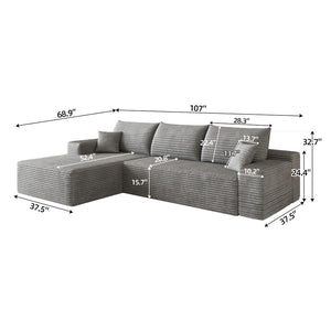 English Elm 107 Inch Cloud Modular Sectional Corduroy Deep Seat Sofa with Reversible L Shaped Chaise Grey - A W2824S00313