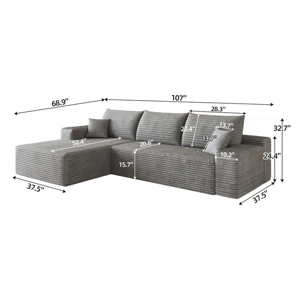 English Elm 107 Inch Cloud Modular Sectional Corduroy Deep Seat Sofa with Reversible L Shaped Chaise Grey - A W2824S00313