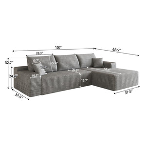 English Elm 107 Inch Cloud Modular Sectional Corduroy Deep Seat Sofa with Reversible L Shaped Chaise Grey - B W2824S00314