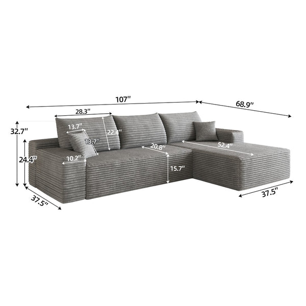 English Elm 107 Inch Cloud Modular Sectional Corduroy Deep Seat Sofa with Reversible L Shaped Chaise Grey - B W2824S00314