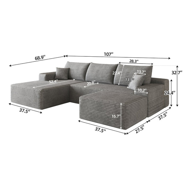 English Elm 107Cloud U Shaped Sectional Sofa Plush Corduroy Deep Seat Modular Living Room Couch Grey W2824S00315