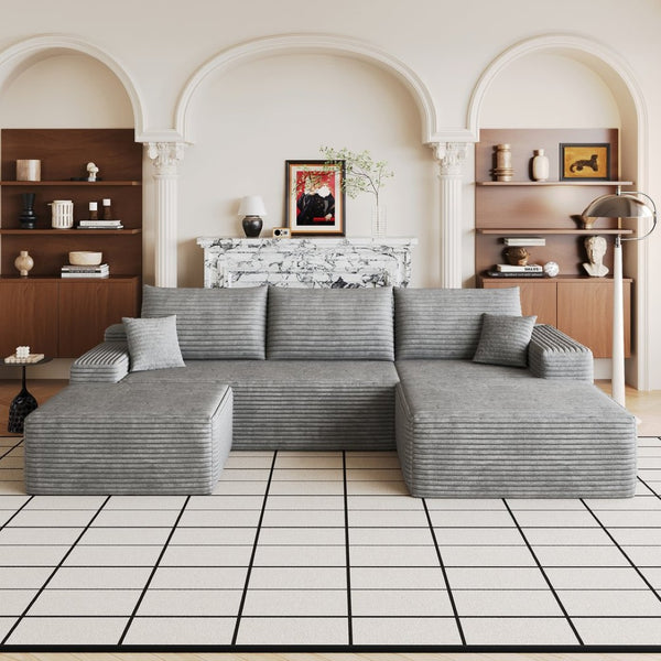 English Elm 107 Inch U-Shaped Cloud Sectional Sofa in Corduroy with Ottoman for Living Rooms Grey W2824S00316